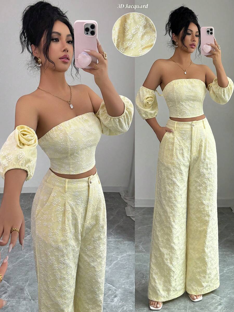 Elenzga 新款春夏女士纯色3D雏菊提花面料修身两件套,优雅日常度假两相宜的泡泡袖露肩上衣和长裤 - 鵝黃色 - 查看 1