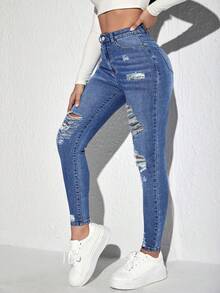 Rivivi 大码女式牛仔风蓝色弹力性感破洞修身牛仔裤，冬季穿搭 - 中等水洗藍 - 查看 6