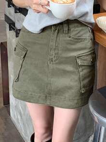 DAZY Chân váy ngắn denim tiện dụng, tôn dáng cho phụ nữ - màu xanh lá - Xem 7