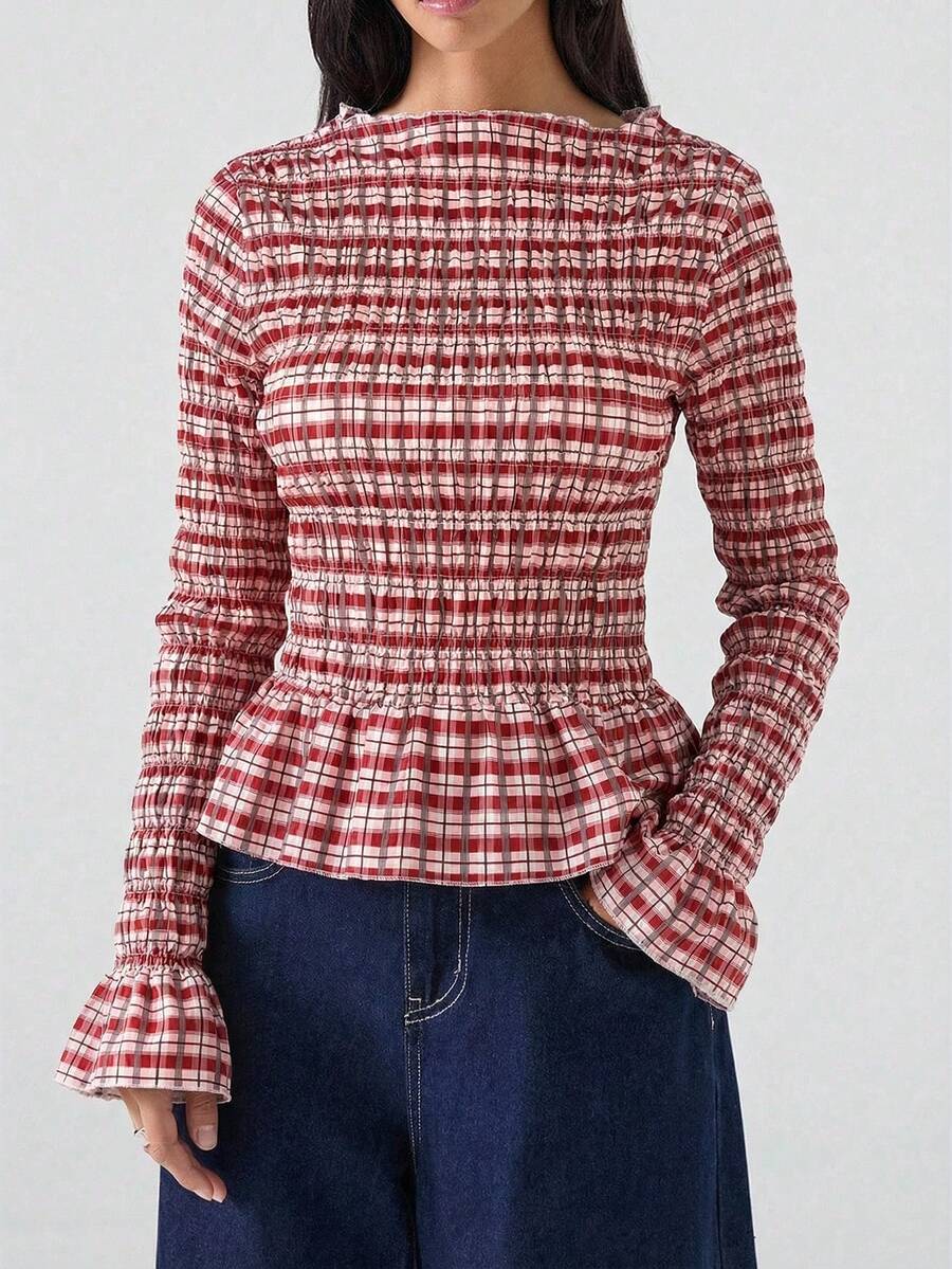 SHEIN EZwear 女士休闲格纹印花喇叭袖荷叶边下摆修身衬衫,优雅女士衬衫,适合春秋季穿着,舒适百搭 - 紅色 - 查看 1