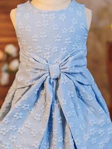 Glamorique Kids 女婴纯色提花大蝴蝶结装饰无袖连衣裙，适合春季、夏季、秋季派对、日常穿着和节日穿着。 - 藍色 - 查看 5