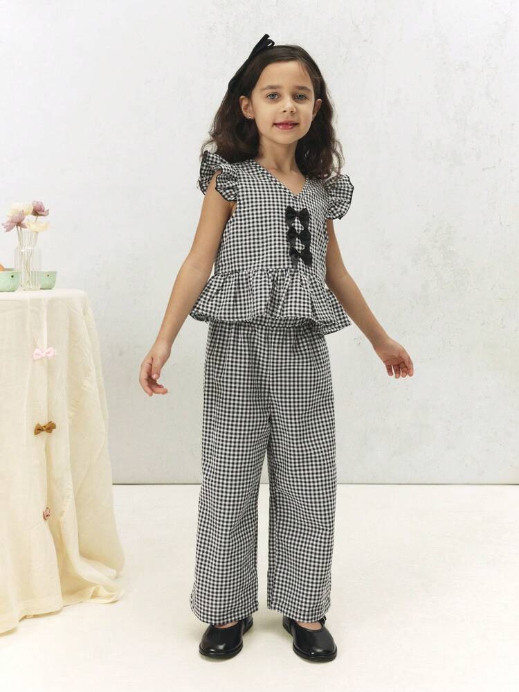 Gingham Peplum Top And Palazzo Pants Set
