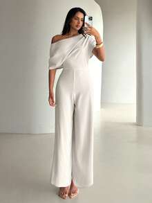 Aloruh Women's New Solid Color Jumpsuit, Oblique Shoulder Design, Wide Leg, Simple & Elegant, Suitable For Commuting, Office Wear - Apricot - View 8