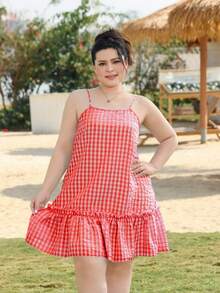 SHEIN EZwear Plus Size Red & White Plaid Loose Vacation Strap Dress, Spring - Red and White - View 3