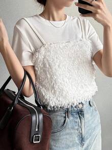 FRIFUL Women's Casual Loose Fit Solid Color Fuzzy Texture Camisole Layered T-Shirt, Versatile For Spring & Summer - White - View 6