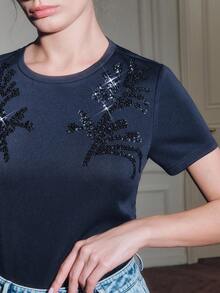 Anewsta Women's Elegant Sequin Embroidered Short Sleeve T-Shirt, Fitted Crew Neck Knit Top, Casual Office Wear - Navy Blue - View 2