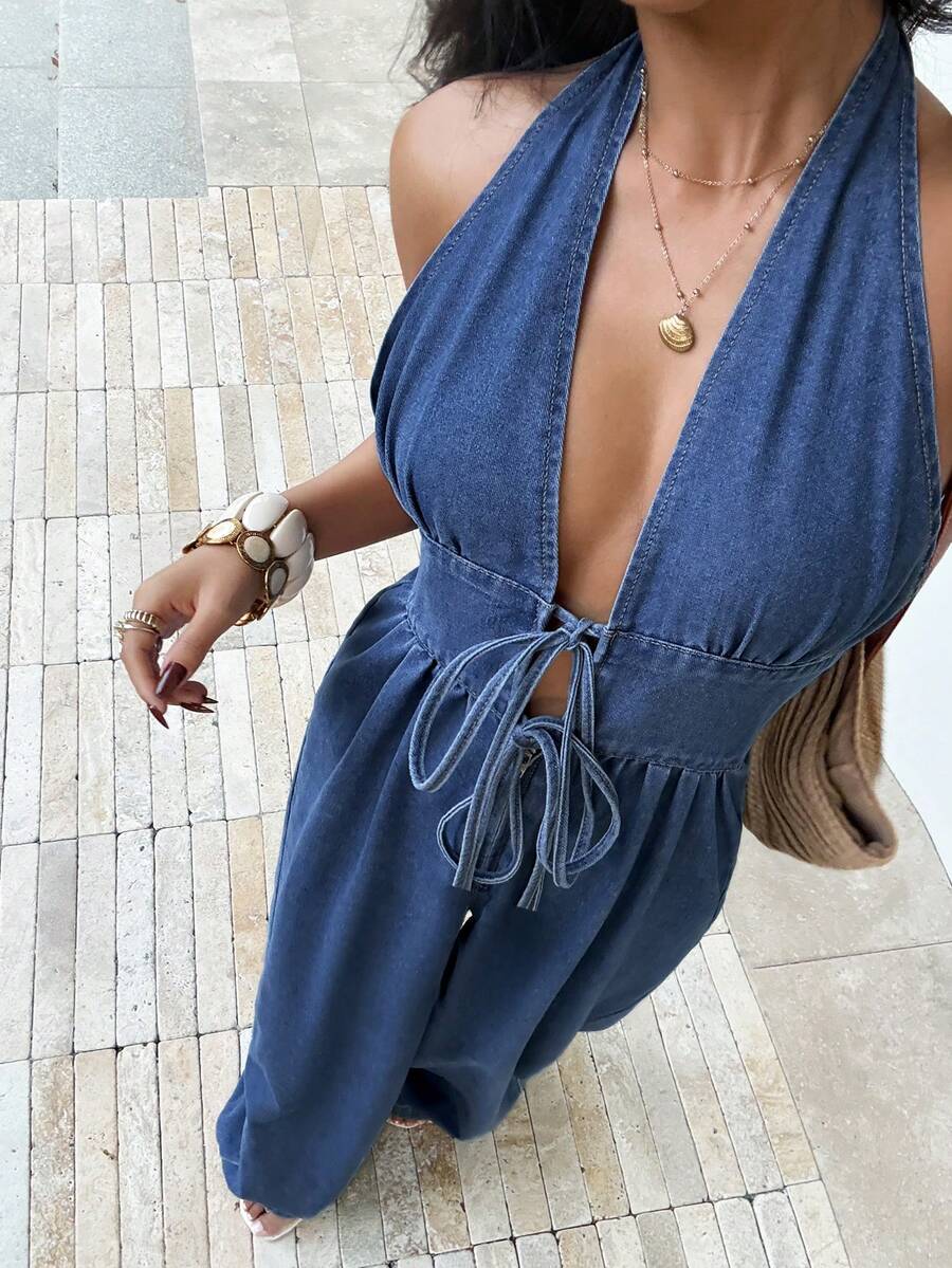 Sunnyshic Women's Fashion Backless Halter Denim Jumpsuit - Blue - View 1