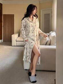 DAZY Plant Vein Pattern All-Over Print Loose Long Women Robe - Khaki - View 5