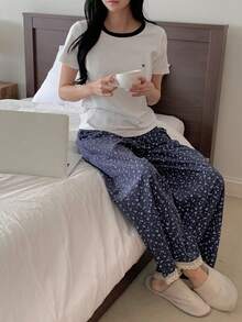 DAZY 碎花撞色拼接女士睡衣套装 - 白色 - 查看 4
