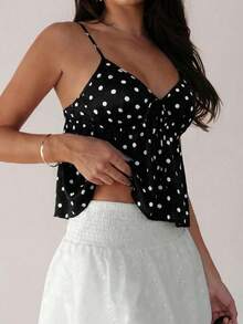 Almamuse Spaghetti Strap Polka Dot Tie Front Ruffle Hem Cropped Tank Top, Summer Polkadot Top Chic Top Tops For Women Summer Pokadot Top - Black - View 3