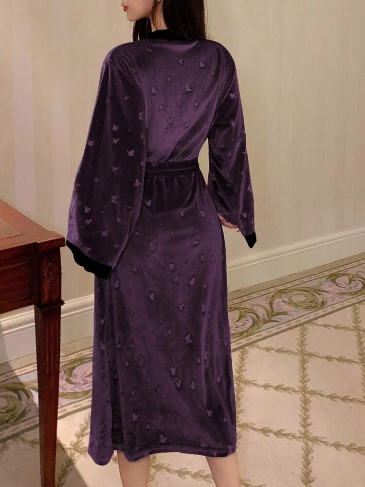 Butterfly Embossed Lace Patchwork Loose Long Sleeve Women Sleepwear Robe