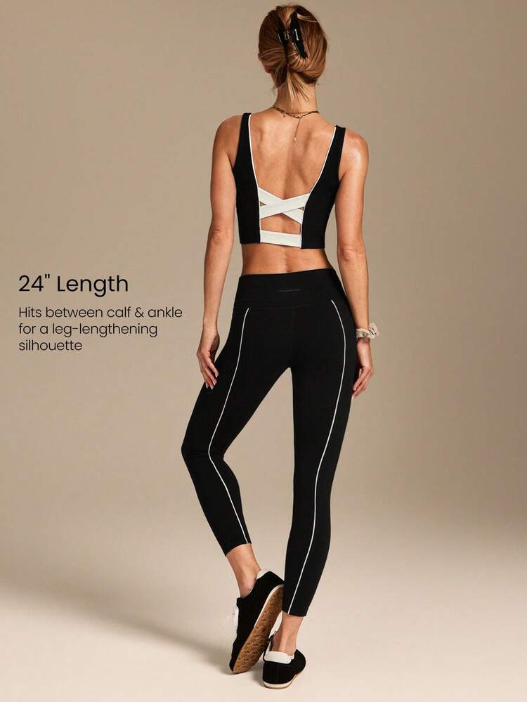 24" FeatherFit™ Core Confidence Soft Stretchy Sweat-Wicking Contrasting Color Crossover Waist Leggings Yoga Pilates Studio Daily Casual Wear