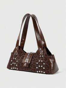 ROMWE Grunge Punk Fashion Leopard Print Studded Beaded Single Shoulder Tote Bag - Coffee - View 4