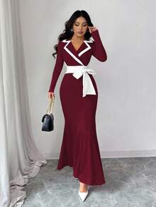 Elenzga Women's Elegant Casual Christmas New Year Party Thanksgiving Fitted Knit Cinched Waist Contrast Color Tie Waist Dress, Black & White - Burgundy - View 3