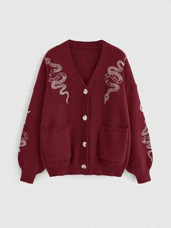 Goth Gotischer Schlangen- & Mond-Stickerei V-Ausschnitt Loose Cardigan, Große Größen