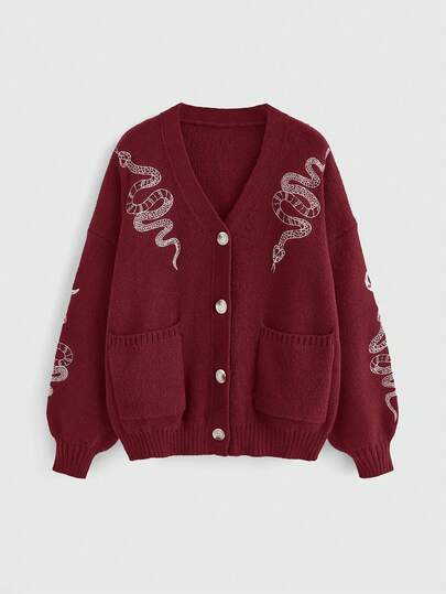 Goth Cárdigan suelto con escote en V, bordado de serpiente y luna, talla grande