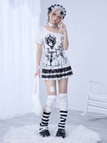 ROMWE Anime Millennium Cartoon Vine Cross Strap Short Sleeve Elastic Ruched Women T-Shirt - White - View 2