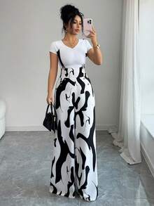 Elenzga Women's Elegant Digital Print Straight Leg Pants With Suspender And Button Decor, High-Waisted Design To Accentuate Curves, Versatile For Formal Work, Commute, Sexy Attire, Romantic French Style, Casual Outings, Vacations, Middle Eastern Vintage Themed Events, Cozy Afternoon Tea Gatherings, Glamorous Parties, As Well As New Year, Thanksgiving, Christmas, Valentine's Day And Other Holiday Celebrations - Black and White - View 7