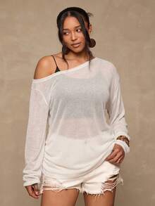 Freevana 大码休闲不对称领针织上衣，秋冬季百搭T恤 - 白色 - 查看 4