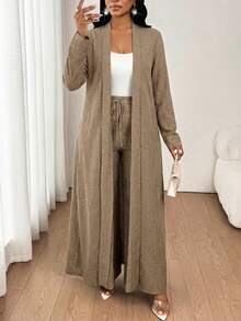 SHEIN Lady 女士纯色长袖外套和系带长裤优雅两件套 - 卡其色 - 查看 5