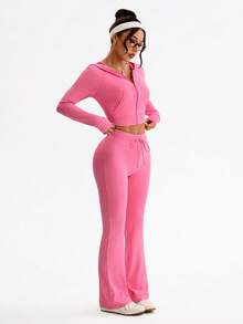 Sovereign Charm 女士纯色拉链前开襟插肩袖连帽外套和裤子运动套装 - 淺粉色 - 查看 4