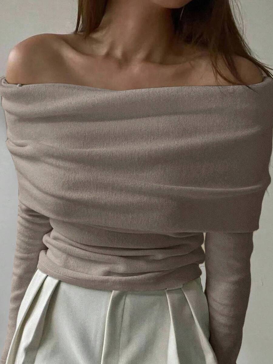 DAZY Camiseta ajustada de hombros descubiertos para mujer, nueva llegada de otoño/invierno - Café integral - Ver 1