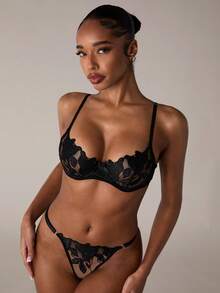 SHEIN BAE Embroidered Mesh Sexy Lingerie Set - Black - View 6