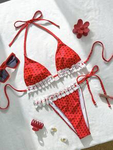 Swim Mod Conjunto de bikini de dos piezas con escote halter, adorno de encaje y lunares para mujer, ideal para playa y vacaciones en verano - Rojo - Ver 8