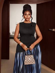 Maweii 大码优雅撞色拼接修身扎染渐变无袖时尚迷人连衣裙，适合夏季度假、节日、日常穿着、假期、假日、度假目的地、约会、节日、休闲聚会等场合。 - 黑與白 - 查看 6