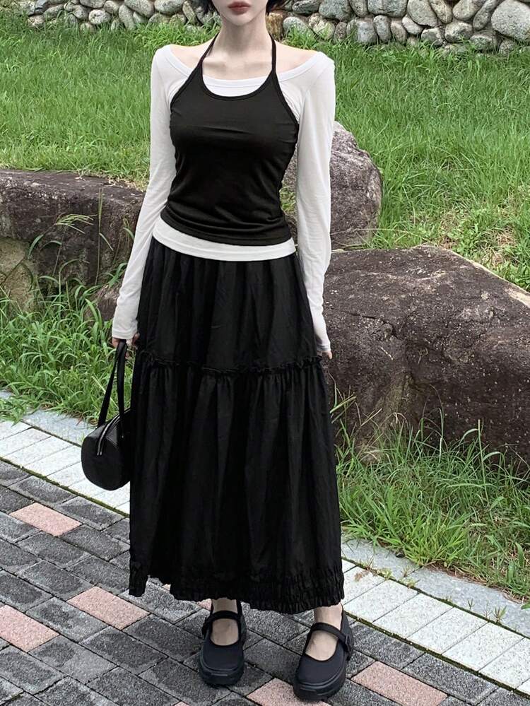 1 Set Women Elegant Solid Color Long Sleeve Base T-Shirt + Spaghetti Strap Tie Knit Camisole