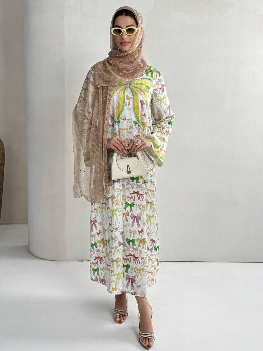 Yasmyna 女士休闲宽松蝴蝶印花派对旅行阿拉伯风喇叭袖连衣裙 - 藍色 - 查看 1