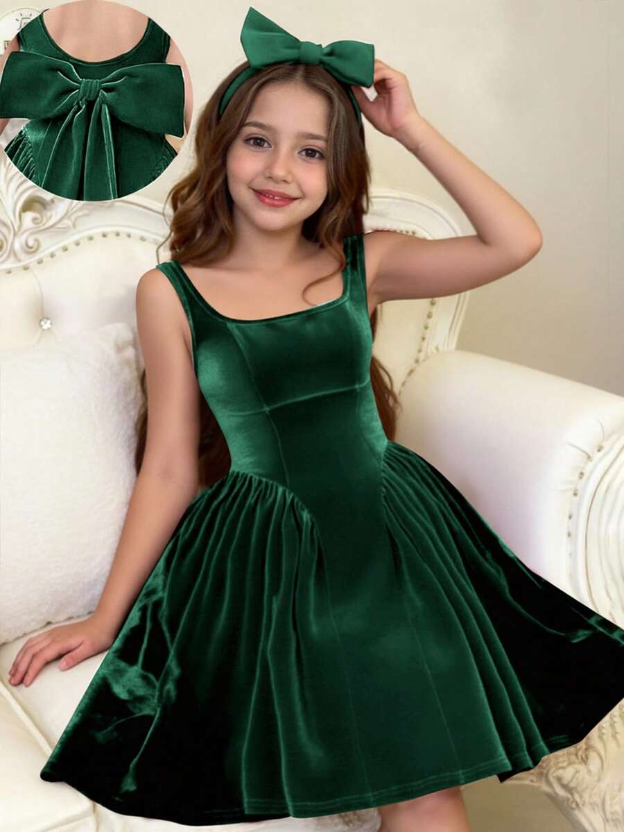Serisse Kids Đầm nhung không tay cổ vuông thắt nơ eo, thanh lịch cho bé gái tuổi teen, thích hợp mặc hàng ngày, đi học, màu xanh lá cây, dịp Giáng sinh, năm mới. - màu xanh lá - Xem 1