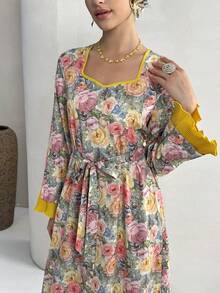 Yasmyna Women's Spring Elegant Floral Print Sweetheart Neck Belted Dress, Vacation Style - Multicolor - View 7