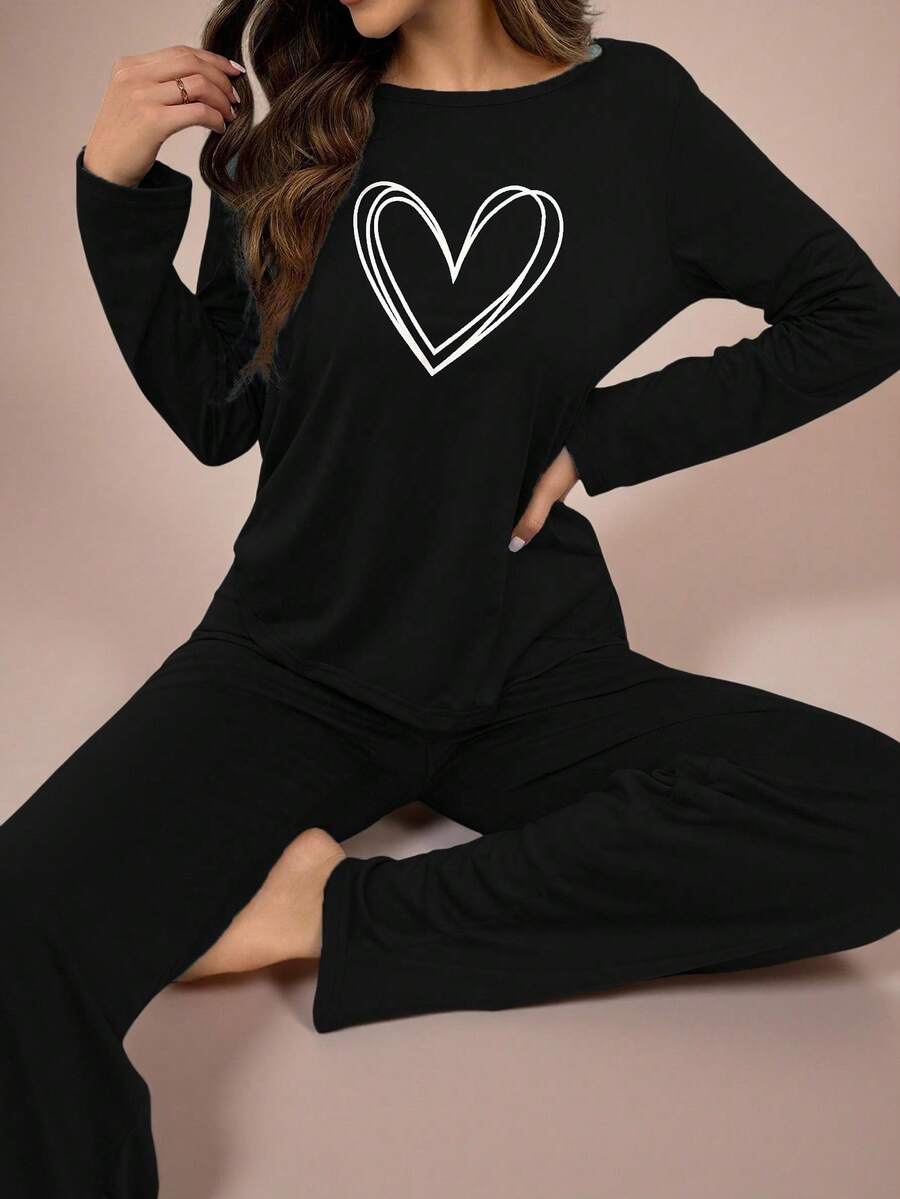 Lazeform 简约爱心印花长袖长裤睡衣套装，秋冬舒适优雅细节 - 黑色 - 查看 1