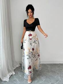 SHEIN Elenzya 优雅网纱撞色连衣裙，夏季刺绣网纱连衣裙，女士长裙，夏季吊带连衣裙，女士春季连衣裙，女士度假连衣裙，也适合作为婚礼宾客礼服、优雅连衣裙或乡村音乐会服装。通勤休闲返校季教师工作连衣裙 - 彩色 - 查看 6