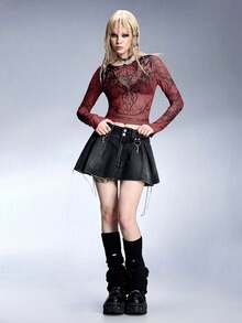 ROMWE Grunge Punk Spring Y3K Cybersigilism Print Mesh Sheer Fitted Top - Red - View 3