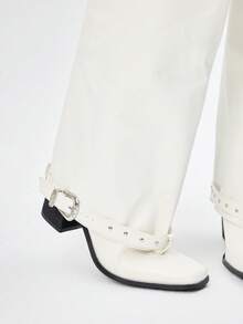ROMWE Grunge Punk 女士时尚百搭通勤搭扣粗跟踝靴 - 白色 - 查看 3