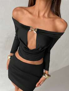 Aloruh 女士秋冬新款网眼紧身褶皱胸部扭领长袖T恤 - 黑色 - 查看 5