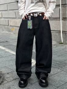 STEELVANCE 复古街头时尚百搭小众设计数码向日葵印花休闲宽松直筒牛仔裤