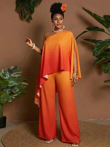 Maweii 女士春夏不对称手帕下摆上衣和阔腿裤套装，渐变彩色印花，休闲度假通勤装，时尚小众设计，优雅大码两件套 - 彩色 - 查看 4