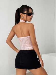 SHEIN EZwear 女士浅粉色蕾丝露背透视短款上衣，情人节浅粉色吊带背心 - 淺粉色 - 查看 2