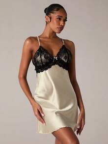 SHEIN BAE Women'S Patchwork Lace Cami Backless Pajama Night Dress Luxeloungewear - Champagne - View 4