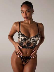 SHEIN BAE Floral Embroidered Mesh Bra Lingerie UnderwearOuter