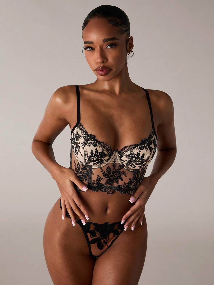 SHEIN BAE Floral Embroidered Mesh Bra Lingerie UnderwearOuter