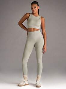 SHEIN BAE Bộ đồ tập yoga thể thao cổ tròn và quần legging có gân cho nữ - Màu Xám nhạt - Xem 5