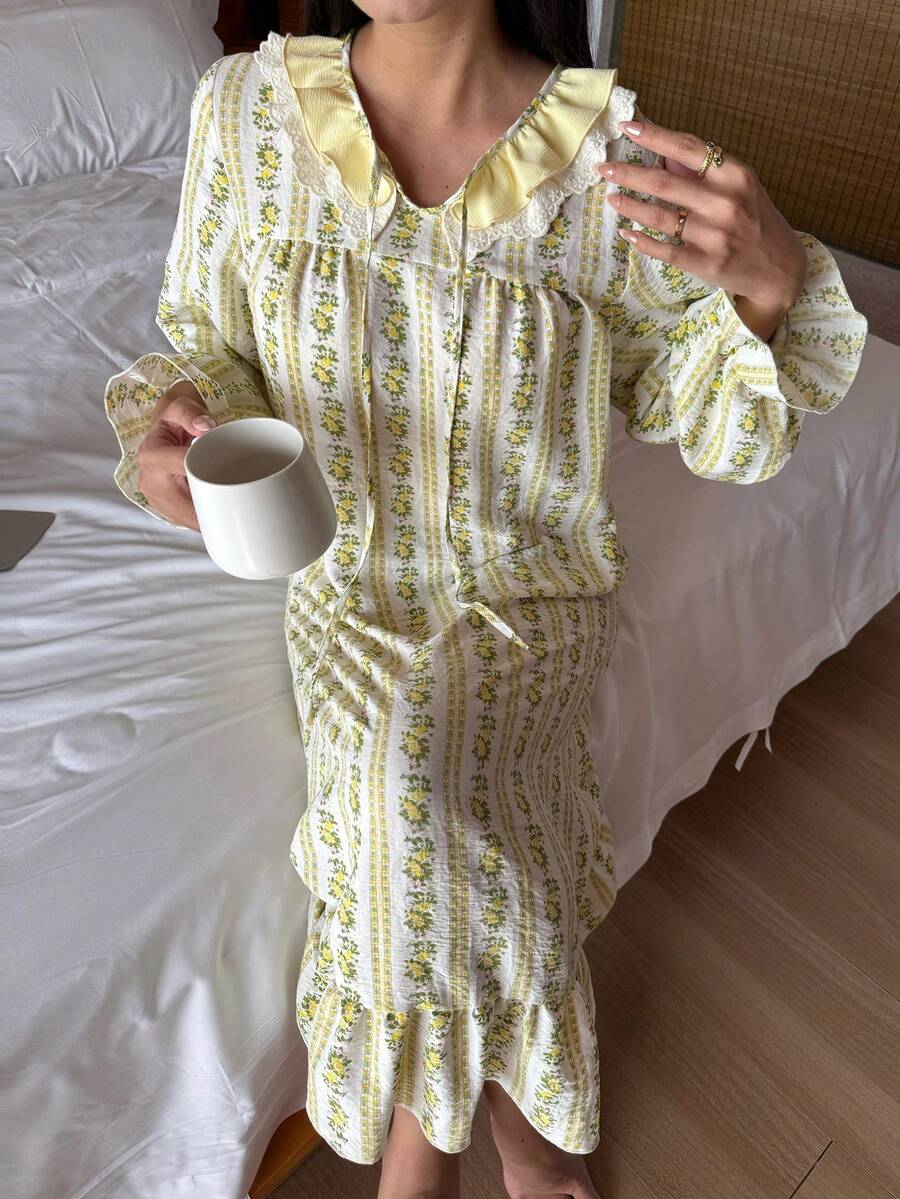 DAZY Women's Cute Ruffle Collar Striped Floral Print Nightgown - Yellow - View 1