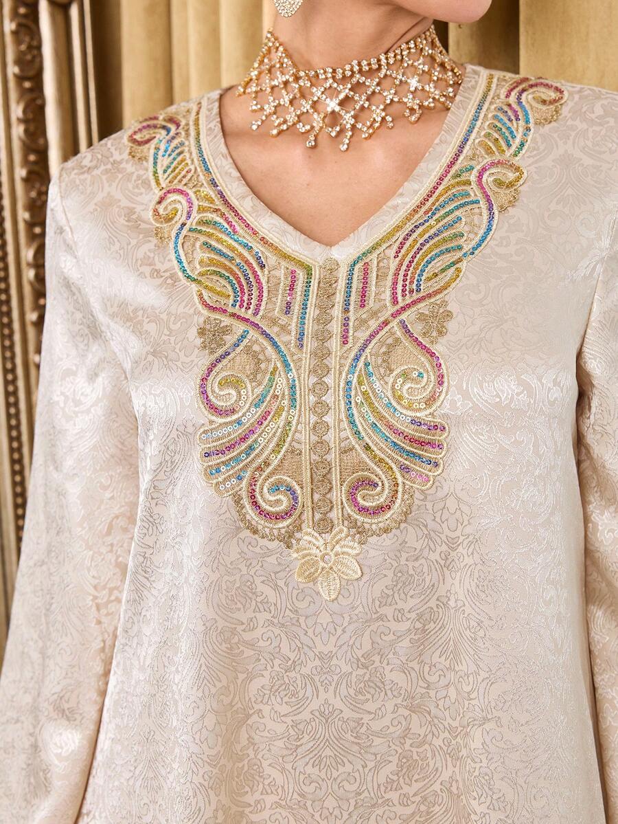 Al Najma Đầm nữ cổ chữ V thêu hoa, dáng rộng, thoải mái, thích hợp dự tiệc và du lịch, tay loe kiểu Ả Rập. - Màu be - Xem 1