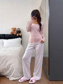 Dream Adore Women's Pullover Button-Up Long Sleeve Striped Print Pajama Set