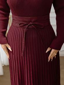 Modelyn Plus Size Elegant Commuter Solid Color Tie Waist Knit Dress - Burgundy - View 6