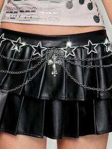 ROMWE Goth 1件女士哥特风银黑交叉多层链条腰链配饰，百搭日常、万圣节 - 水鑽星星十字架多層腰鏈 - 查看 2